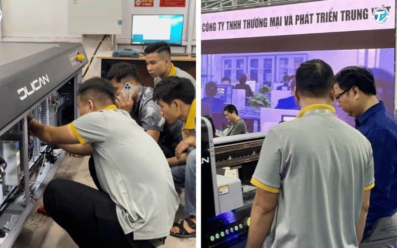 Hình ảnh quy trình thợ may đang gia công biên cho băng rôn vải tại xưởng in chuyên nghiệp